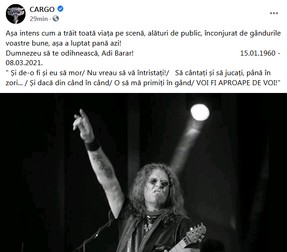 Mesajul de pe pagina de Facebook a trupei Cargo.