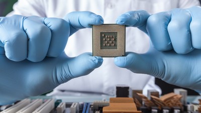 The scientist holds the computer part