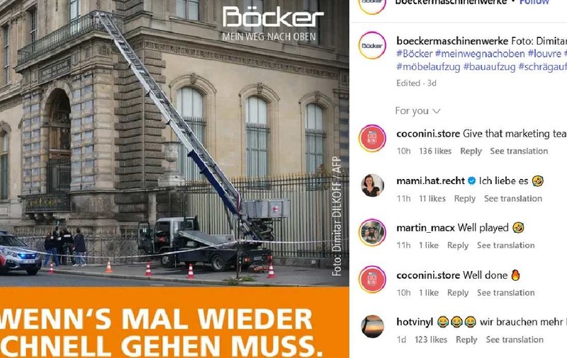 Liftul folosit la jaful de la Luvru, promovat de producător cu o fotografie de la fața locului: „Când lucrurile trebuie făcute rapid”