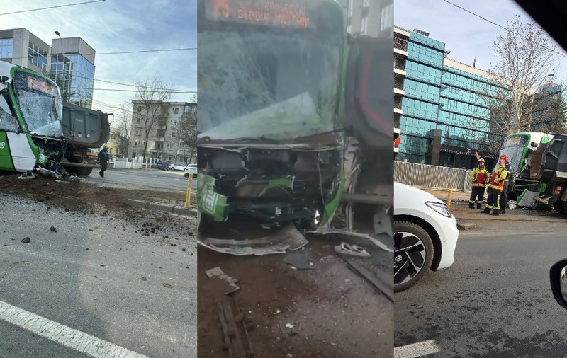 Circulația tramvaielor din București pe liniile 1, 10, 11 și 25, blocată de un tramvai lovit de o basculantă