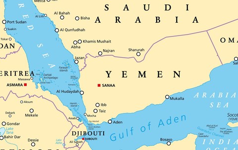Harta politică care înfățișează Golful Aden, strâmtoarea Bab el-Mandeb, Yemenul și țări vecine. Imagine cu caracter ilustrativ Sursa foto: Profimedia