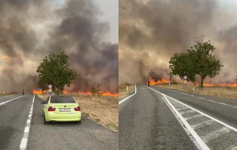 Trafic blocat pe DN 67, între Horezu și Târgu Jiu, din cauza unui incendiu uriaș de vegetație I VIDEO
