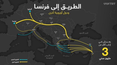 „Drumul dintre Idlib către Franța șu alte țări europene”, este explicația care însoțelte harta prezentată de televiziunea turcă, în contextul în care în orașul sirian Idlib au loc confruntări sângeroase