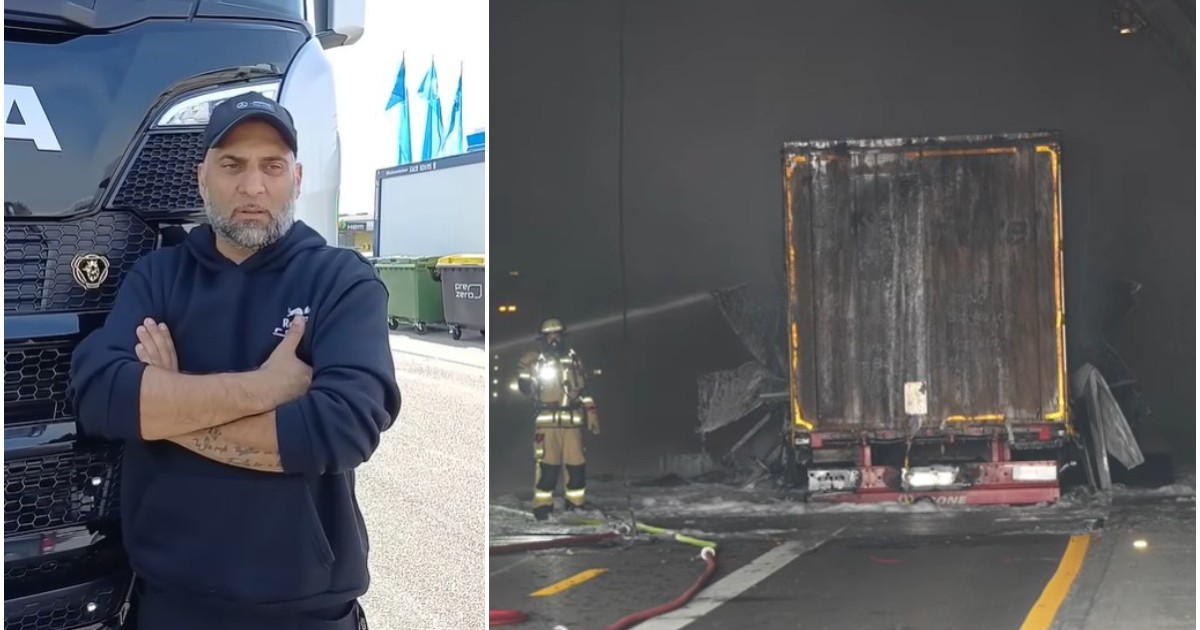 Imaginea este un colaj care prezintă, în partea stângă, un bărbat cu brațele încrucișate stând în fața unui camion, iar în partea dreaptă, intervenția pompierilor la un incendiu care a cuprins remorca unui camion într-un tunel.