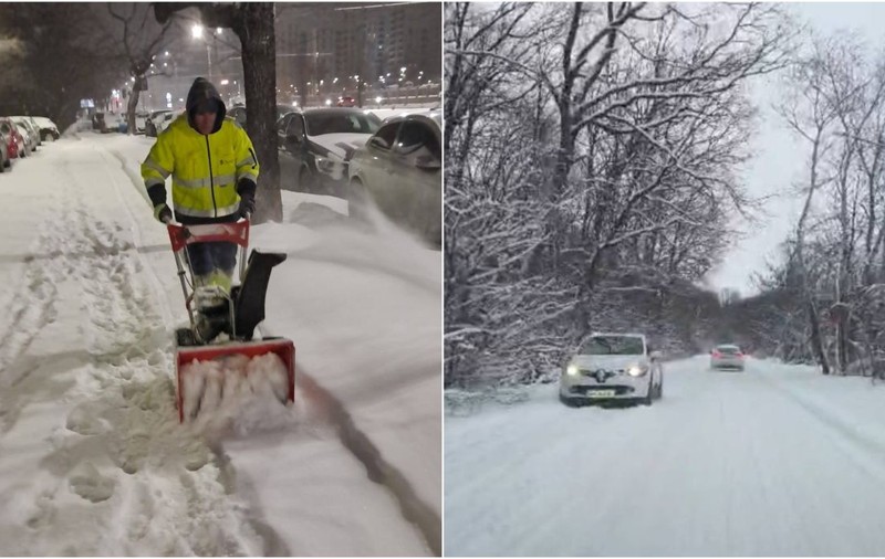Ninge în toată țara, sunt sute de utilaje pe drumurile publice. Strat de zăpadă de 15 cm în București, un primar se plânge că luptă cu „nămeții”, dar nu face față: „Am apelat la cei de la spații verzi”
