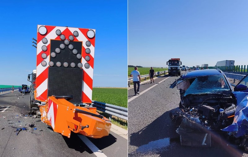 Utilaj DRDP distrus pe DEx12 Craiova - Pitești: O autospecială cu atenuator de impact, lovită puternic de un autoturism în timp ce proteja un convoi de lucrări