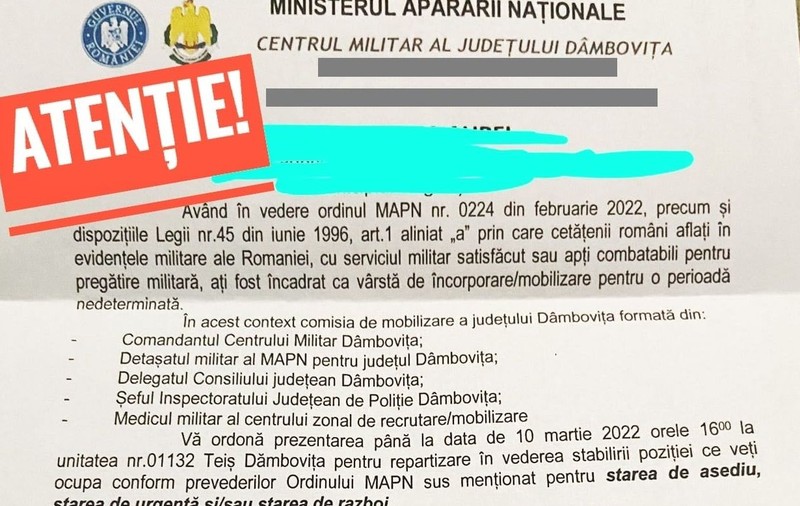 Ministerul Apărării, precizări în cazul ordinelor de mobilizare primite de mai mulți români: Sunt false, vor să inducă panică!