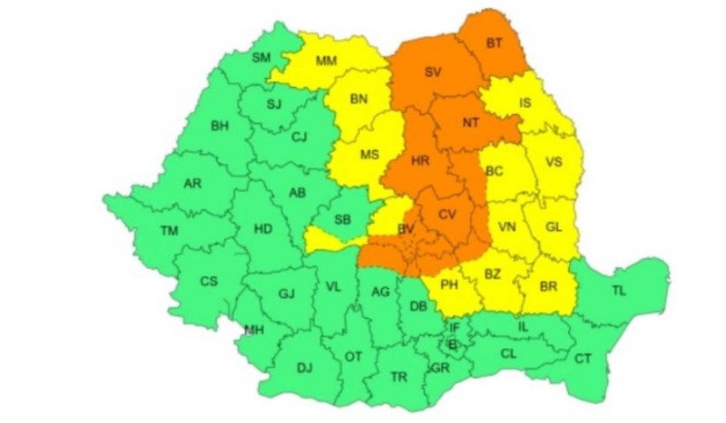 Județele din România vizate de codurile galben și portocaliu de ploi torențiale. Foto: ANM