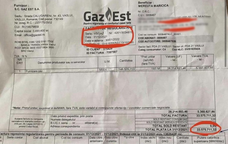 Factură la gaze de aproape 7 milioane de euro primită de o femeie de 70 de ani din Vaslui
