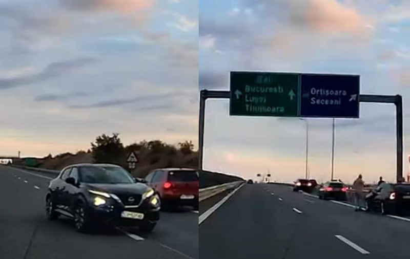 O mașina neagra, a carei bara atarna, merge pe contrasens pe autostrada A1, la apus// Trei masini oprite pe banda de urgenta dupa ce au fost avariate