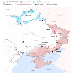 Harta conflictului. Cu roșu, zonele controlate de Rusia și mișcările de trupe rusești. Cu albastru, mișcările de trupe ucrainene. Surse: Institute for the Study of War and American Enterprise Institute’s Critical Threats Project/ EL PAÍS