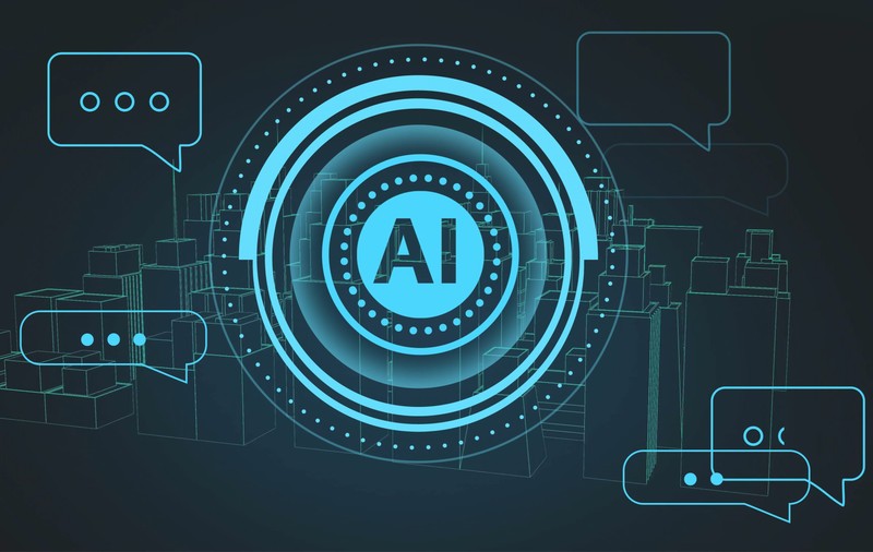 Concept de inteligență artificială cu bule de chat digitale și peisaj urban futurist. Tehnologie, IA, viitor, inovație, comunicare, oraș inteligent