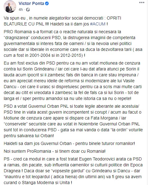 Postarea lui Ponta pe Facebook