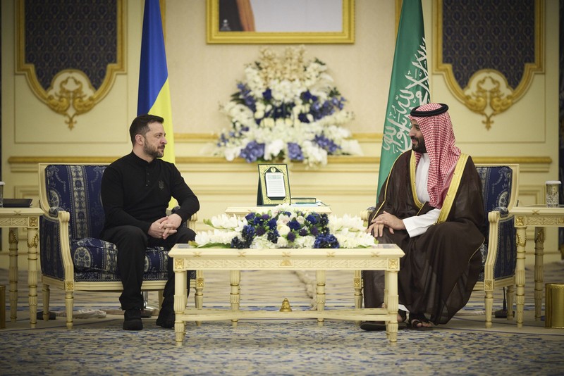 March 10, 2025, Jeddah, Saudi Arabia: Ukrainian President Volodymyr Zelenskyy, left, listens to Saudi Crown Prince Mohammed bin Salman, right, during a bilateral meeting at the Al-Salam Palace, March 10, 2025 in Jeddah, Saudi Arabia. Zelenskyy is in Jeddah for peace talks with U.S officials. (Credit Image: © Ukraine Presidency/Ukrainian Pre/Planet Pix via ZUMA Press Wire)