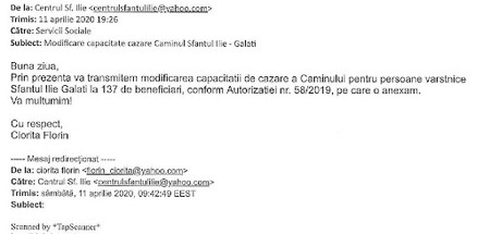 Mesajul trimis de Centrul Sfântul Ilie către Ministerul Muncii, pe 11 aprilie