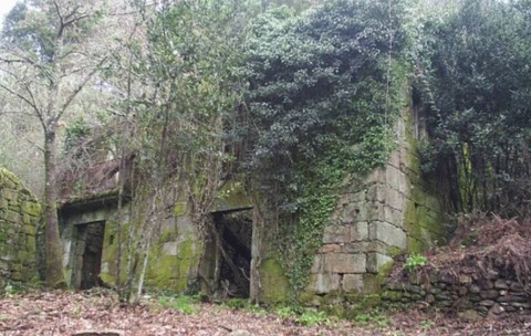 Satul A Barca, din Cortegada, Galicia, Spania: una dintre casele vechi din piatră apare abandonată și parțial acoperită de mușchi și iederă, într-o zonă împădurită. Clădirea este degradată, cu deschideri fără ferestre și vegetație crescută peste ziduri și în jurul ei. 