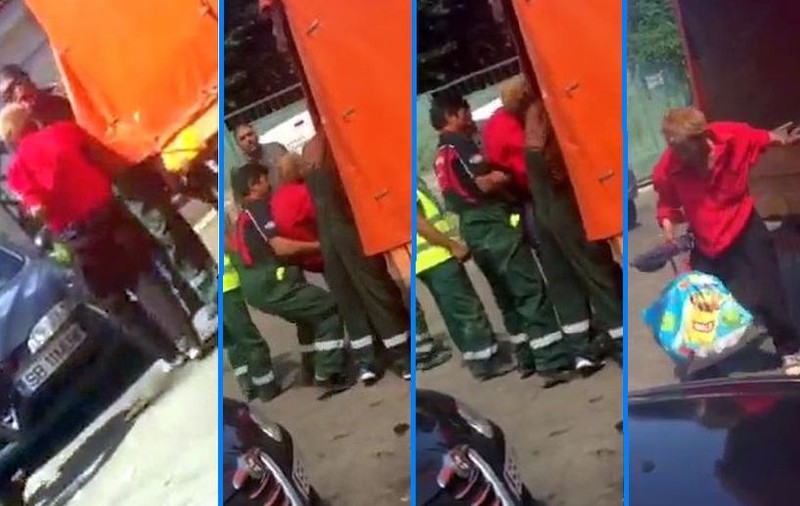 Un om al străzii, bruscat și umilit de niște angajați de la salubritate! L-au aruncat în mașina de gunoi