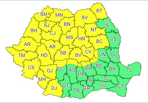 Zonele aflate sub avertizare de cod galben de ploi până pe 5 iunie, ora 3.00