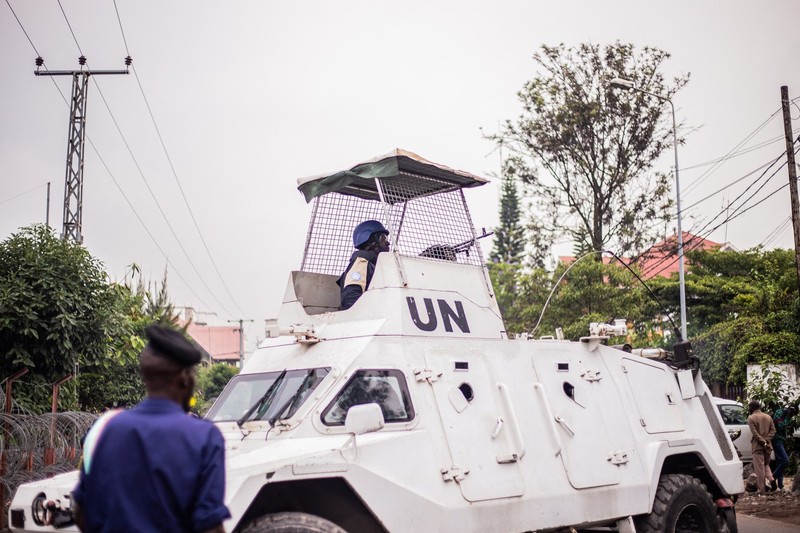 Soldiers with the United Nations Organization Stabilization Mission in the Democratic Republic of the Congo (MONUSCO) secure the evacuation of their non essential civil personnel in Goma on January 25, 2025. The African Union on Saturday urged the "immediate cessation" of the deadly fighting in eastern Democratic Republic Congo, where Rwandan-backed M23 forces are battling foreign peacekeepers and the DRC military. The African Union Commission's chair Moussa Faki Mahamat called for "the immediate cessation of all hostilities" and "strongly urges the parties to preserve the lives of civilians", the body said in a statement.,Image: 957558770, License: Rights-managed, Restrictions: “The erroneous mention[s] appearing in the metadata of this photo by Jospin Mwisha has been modified in AFP systems in the following manner: [Guatemalan] instead of [Uruguayan]. Please immediately remove the erroneous mention[s] from all your online servic, Model Release: no