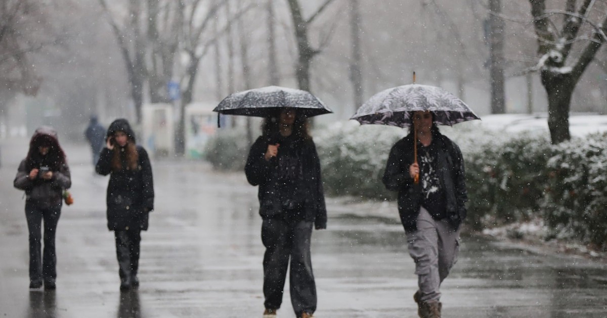 o stradă sau alee pietonală umedă, în timpul unei ninsori care creează o atmosferă difuză și gri. În prim-plan, mai mulți oameni merg spre privitor, purtând haine de iarnă în nuanțe închise: două persoane în partea dreaptă țin umbrele deschise, una neagră și una cu un model gri, în timp ce în partea stângă alte două persoane merg fără umbrelă.