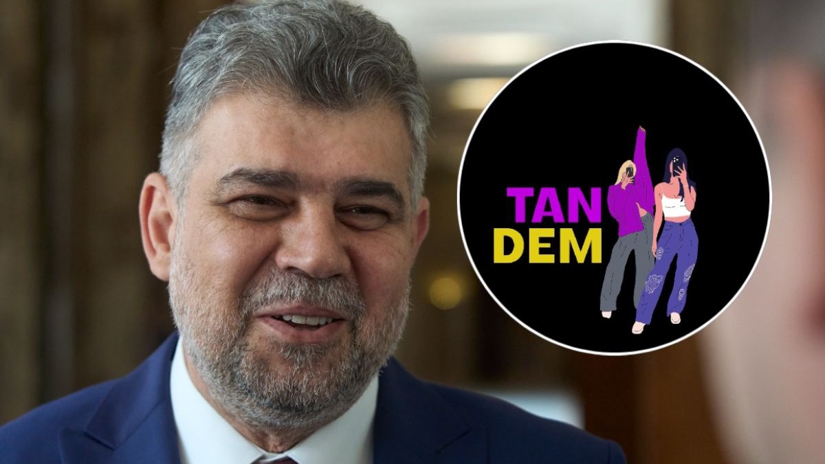 Marcel Ciolacu, premierul României, îmbrăcat în costum, într-un colaj foto cu logo-ul Tandem, proiectul Libertatea pentru Generația Z