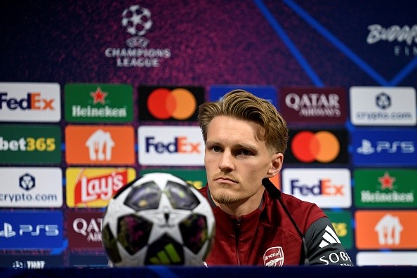BUDAPEST, HUNGARY - MAY 29: Arsenal's Norwegian midfielder #08 Martin Odegaard addresses the media during the press conference one day ahead of the UEFA Champions League 2026 Final at Puskas Arena on May 29, 2026 in Budapest, Hungary. (Photo by Ina Fassbender - Pool/Getty Images)