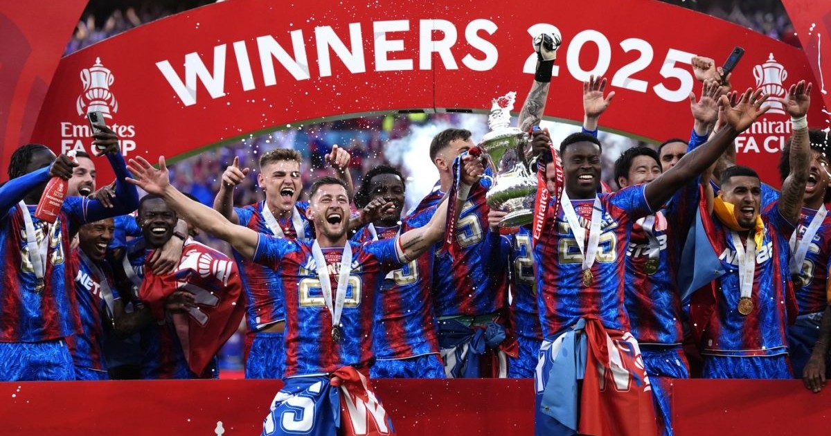 File photo dated 17-05-2025 of Crystal Palace players celebrating with the FA Cup. Crystal Palace have been forced to drop down to the Conference League after falling foul of UEFA's rules on multi-club ownership. Issue date: Friday July 11, 2025.,Image: 1021010424, License: Rights-managed, Restrictions: FILE PHOTO Use subject to restrictions. Editorial use only, no commercial use without prior consent from rights holder., Model Release: no