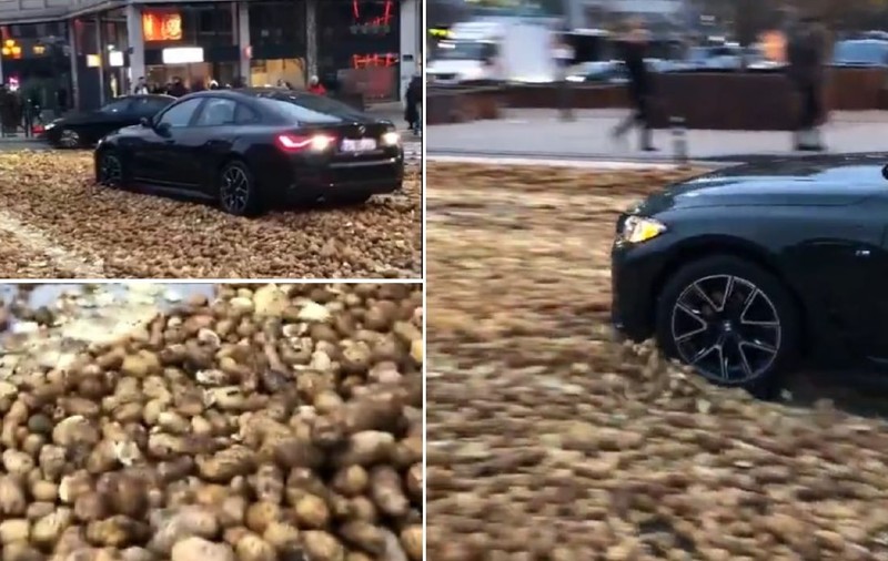 Un șofer a rămas împotmolit cu un BMW în cartofii aruncați pe stradă de fermieri, la protestul din Bruxelles