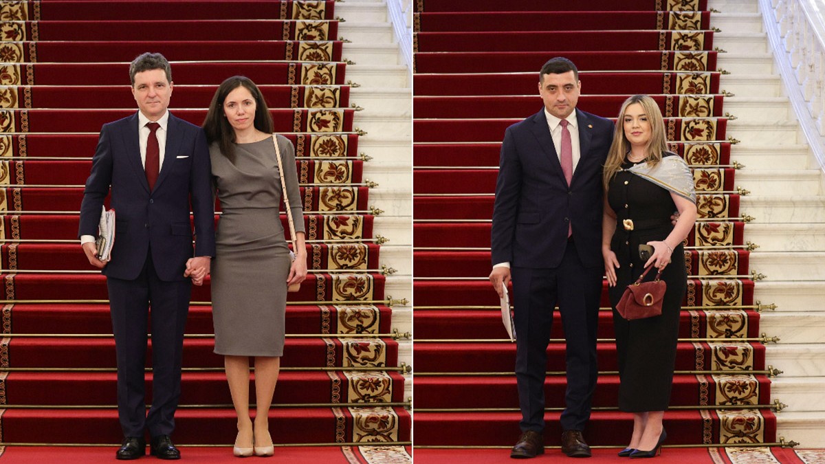Colaj foto cu Nicușor Dan și partenera sa de viață, în partea stângă, și George Simion și soția sa, Ilinca, în partea dreaptă