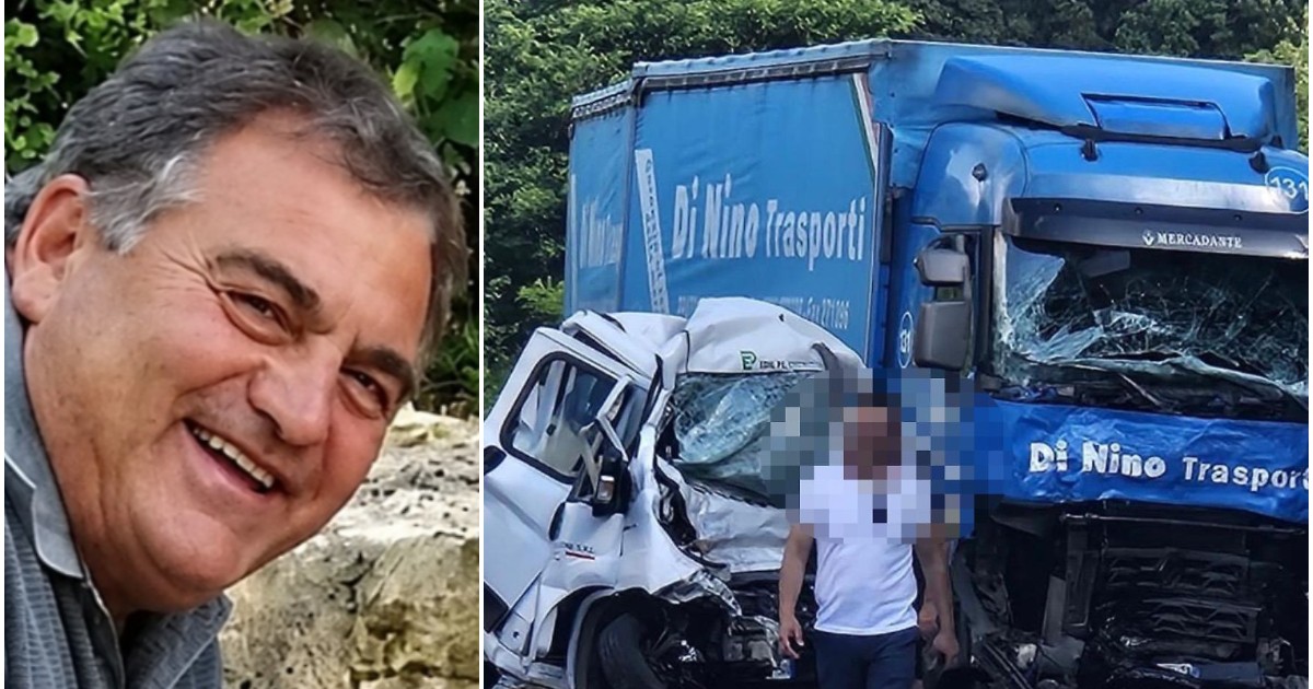 Colaj ce înfățișează în partea stângă portretul unui bărbat matur care zâmbește, iar în partea dreaptă locul unui grav accident rutier în care o furgonetă albă este complet distrusă în urma impactului cu un camion albastru.