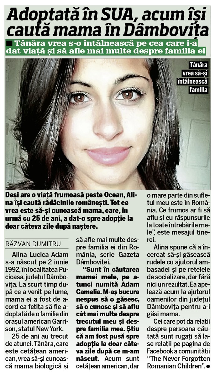Alina Lucica a încercat în urmă cu trei ani să își găsească mama biologică prin intermediul ziarului Libertatea