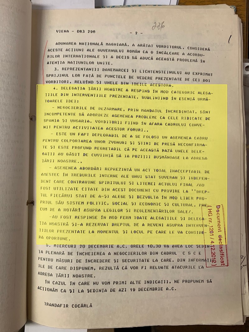 Telegrama ambasadorului României la Viena din 19 decembrie 1989