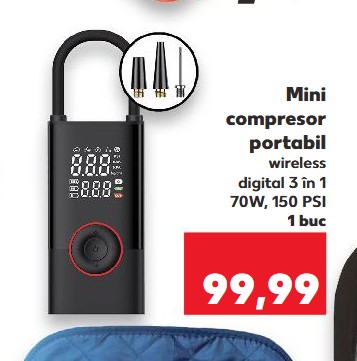 Mini compresorul portabil disponibil la Kaufland costă 99,99 de lei. Foto: Captură ecran catalog oferte Kaufland