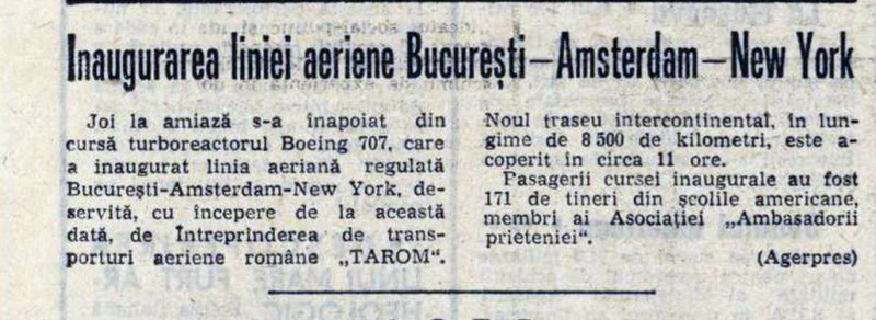 Știrea despre inaugurarea liniei aeriene București - Amsterdam, New York, în ziarul Scânteia