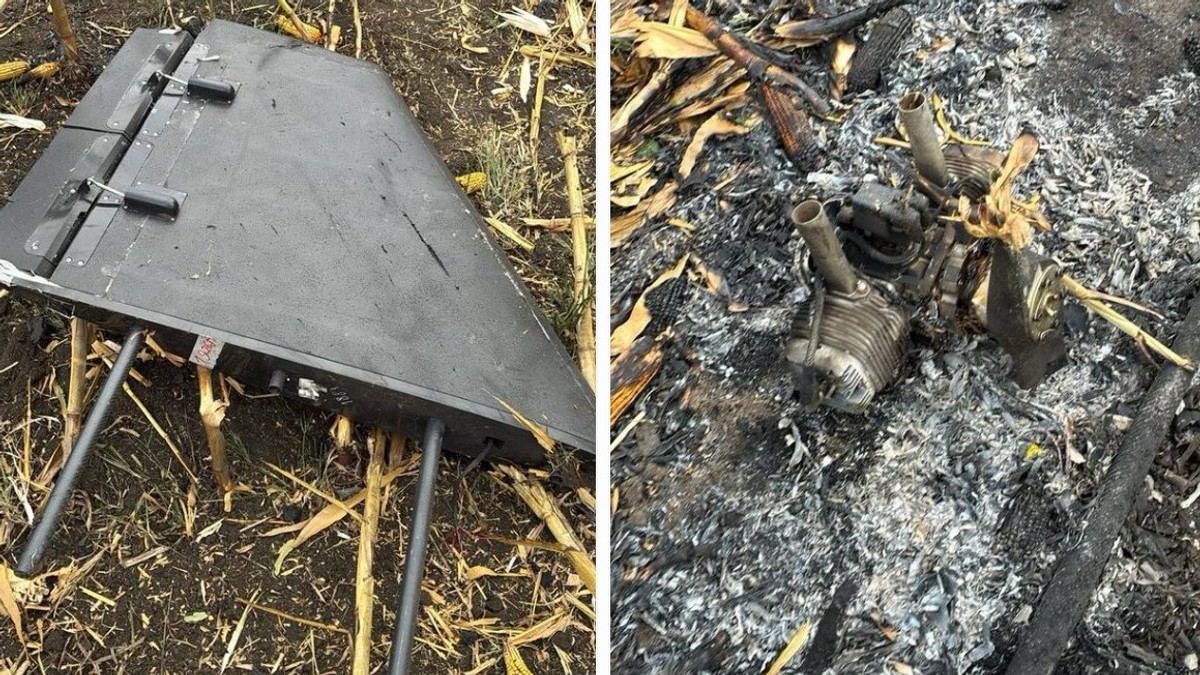 Fragmente dintr-o dronă rusească de tip Gerbera 2 căzută pe un câmp din raionul Florești, în nordul Republicii Moldova Sursa foto: captură Facebook/ Poliția Republicii Moldova