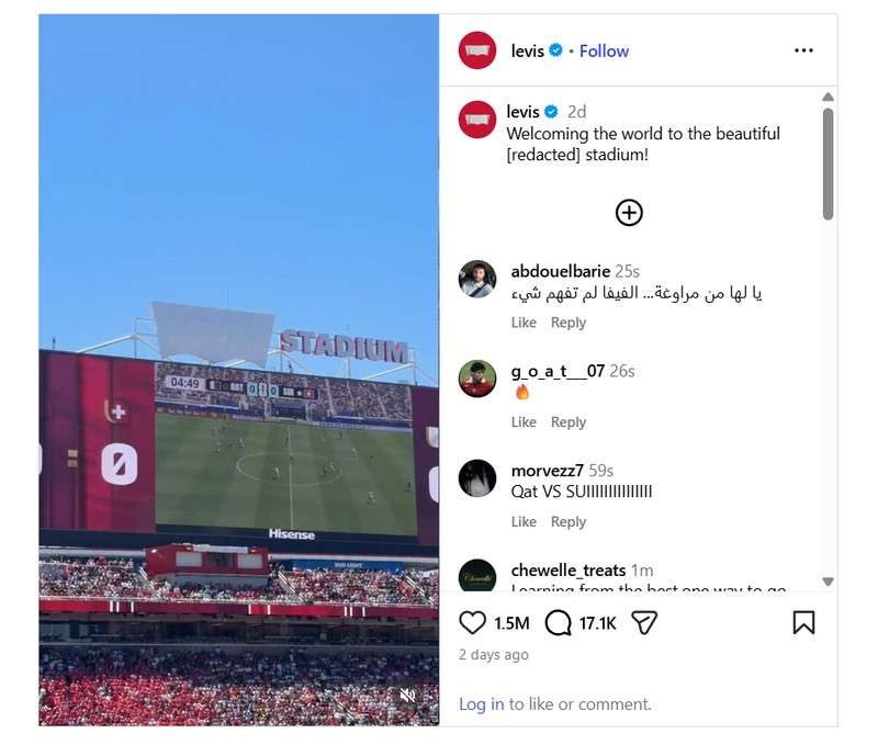 Postarea publicată de Levi's pe contul oficial de Instagram al companiei a devenit extrem de populară. Foto: Captură Instagram.