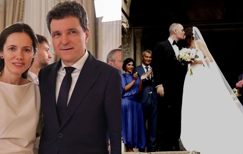 Colaj format din două fotografii: în imaginea din stânga este președintele Nicușor Dan alături de Mirabela Grădinaru, iar în imaginea din dreapta sunt Alexandra Nazare și soția lui, pe treptele bisericii, la nunta