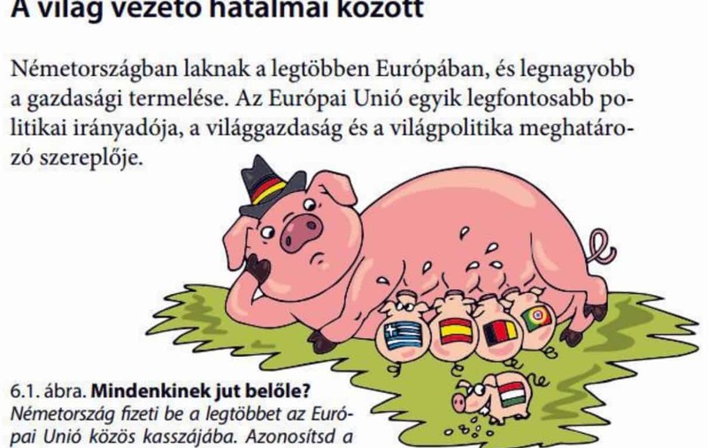 Caricaturi politice într-un manual școlar din Ungaria: Transilvania este casa maghiarilor, Germania este o scroafă care hrănește mai multe țări europene