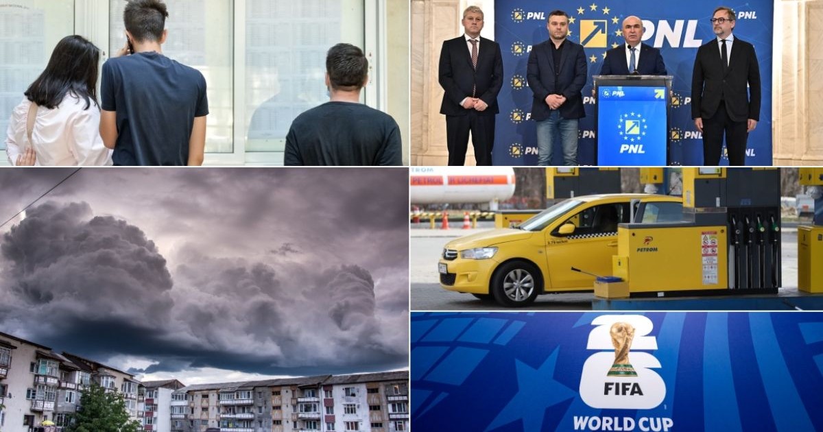 Colaj din 5 fotografii cu nori negri de furtună peste un oraș, elevi care își verifică notele la Bacalaureat, logo-ul Campionatului Mondial 2026, un Logan galben lângă o pompă de benzină Petrom și Ilie Bolojan alături de alți lideri PNL la o conferință de presă din 11 iunie 2026