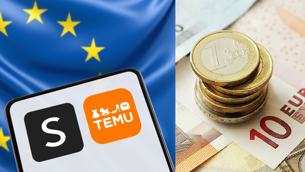 Logo-urile aplicațiilor Temu și Shein, platforme de comerț electronic online din China, cu steagul Uniunii Europene, afișate pe un telefon mobil// Bani euro monede și bancnote