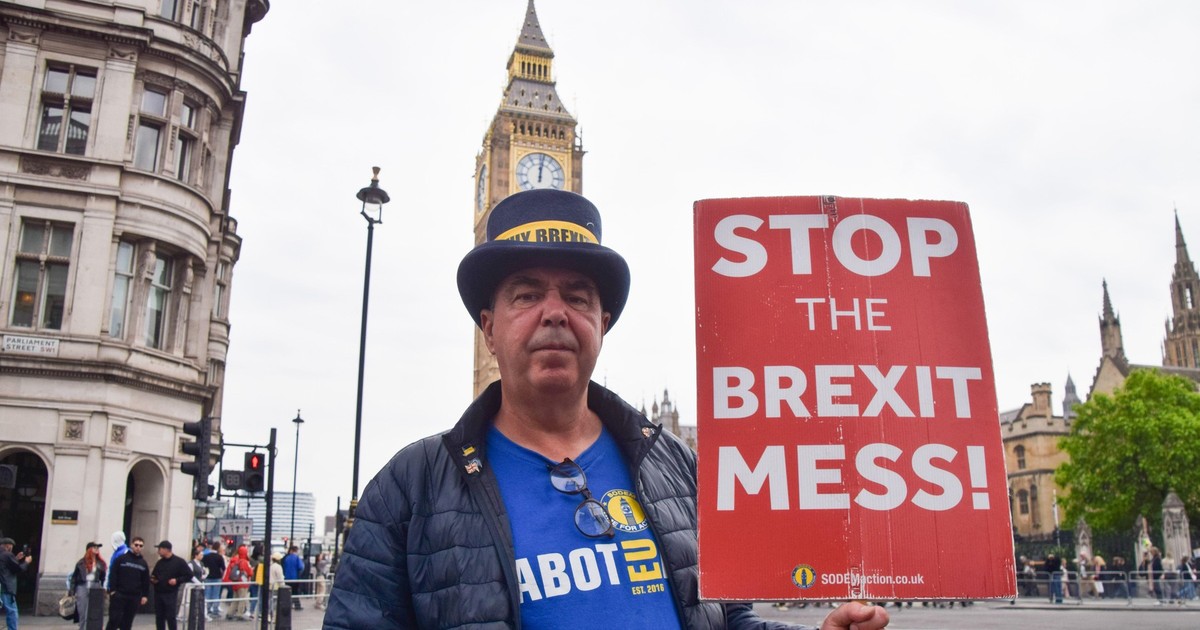 Poză cu un activist anti-Brexit care ține în mână o pancartă cu mesajul „Opriți dezastrul Brexitului”