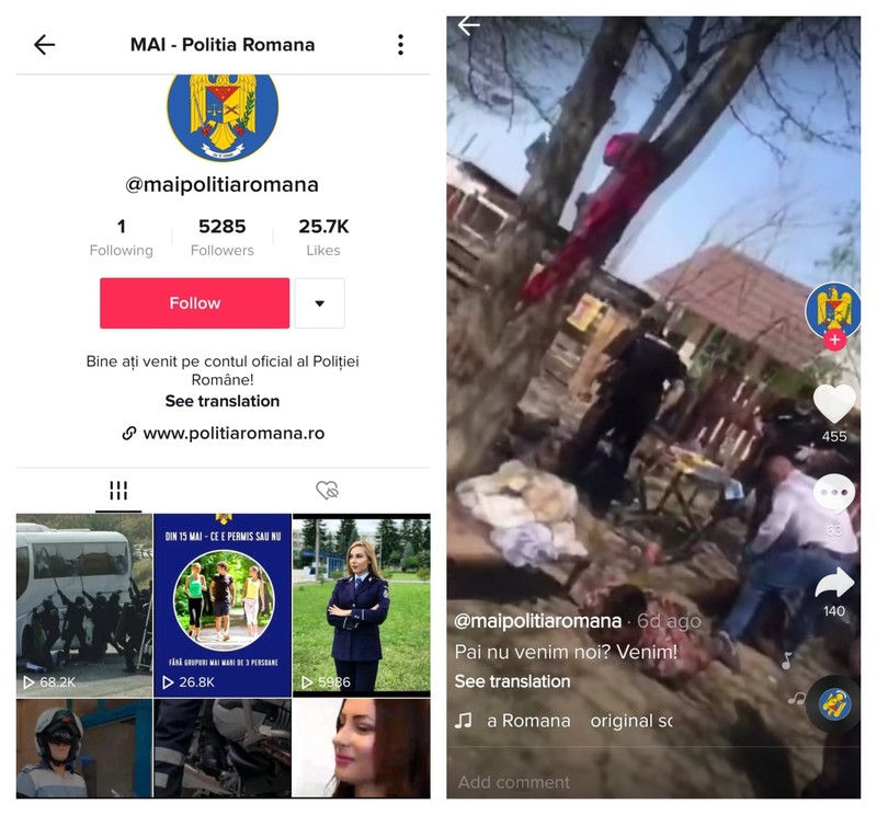 Contul @maipolitiaromana de pe Tik Tok, în descrierea căruia scrie că este „oficial”