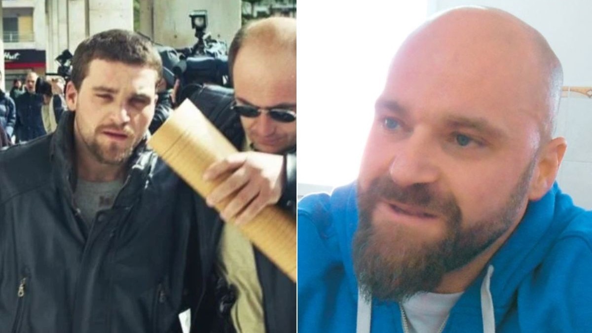 Colaj din două fotografii cu Konstantinos Passaris, în stânga când a fost arestat în Grecia, în anii 90, și în dreapta, îmbrăcat într-un trenint albastru, fără păr și cu barbă, într-un interviu pentru o publicație din Grecia