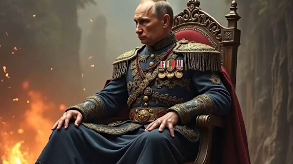 Vladimir Putin în ipostază imperială, cu manta cu epoleți și medalii pe piept