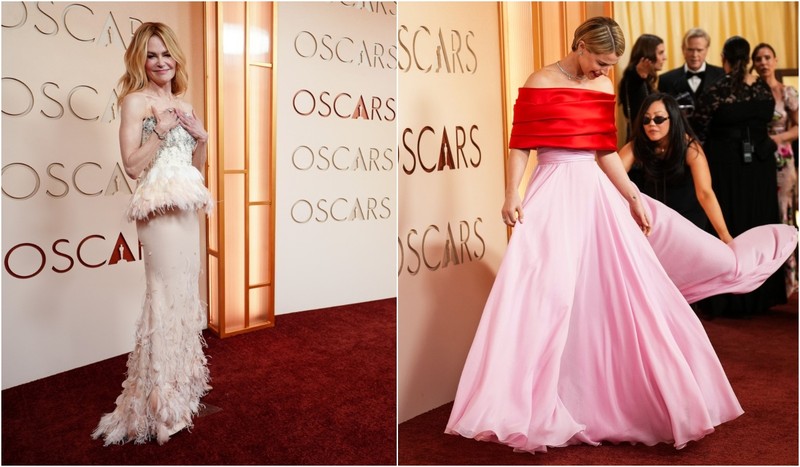 Nicole Kidman, în vârstă de 58 de ani, a pășit pe covorul roșu într-o rochie romantică, cu pene, de la Chanel,. Rochia fără bretele a combinat un corsaj structurat, alb-negru, cu mărgele, cu o fustă distractivă, cu pene. Jessie Buckley a purtat o rochie Chanel fără bretele, roșie și roz. Foto: Prifimedia images
