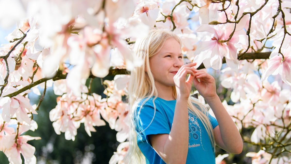 Un fetiță miroase magnoliile maiestuoase în timpul evenimentului „Dennis and Gnasher's Big Bonanza” de la Kew Gardens, pe 30 martie 2021, la Londra, Anglia