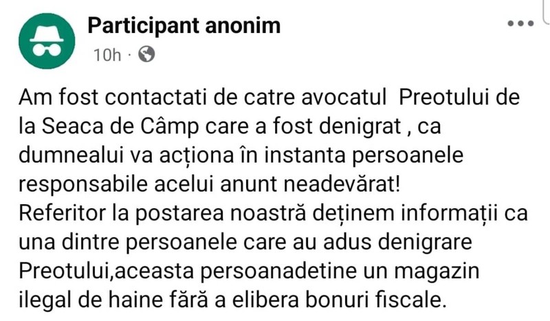 Postarea apărută pe grupul de Facebook Ziarul de Calafat, despre care preotul spune că nu știe nimic și susține că informațiile nu sunt adevărate / Facebook