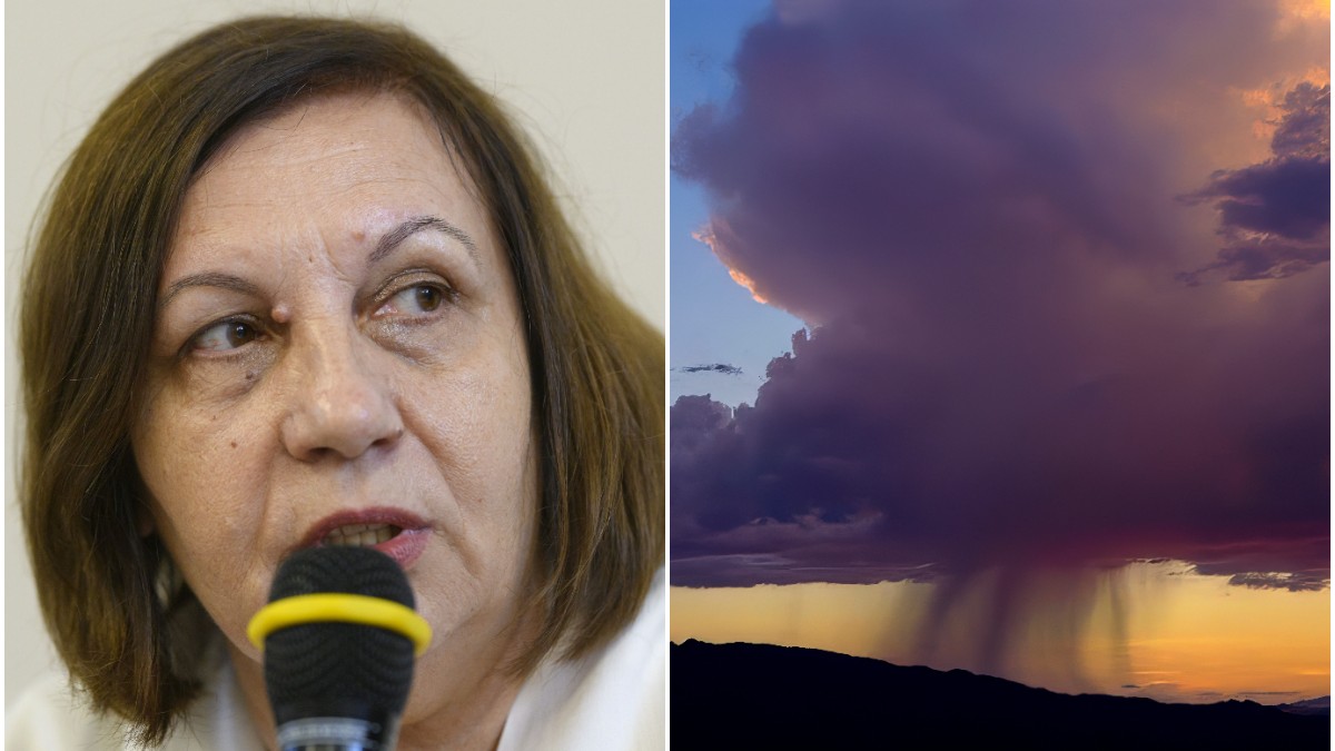 Colaj din două fotografii: în stânga este Elena Mateescu vorbind la microfon în timpul unei conferințe de presă, iar în dreapta este o formațiune masivă de nori de furtună în nuanțe violet care coboară o perdea vizibilă de ploaie deasupra unor munți, totul pe fundalul unui cer de apus.