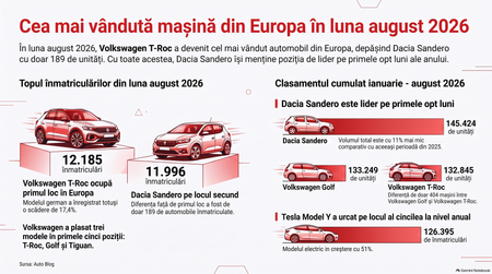 Cele mai vândute mașini din Europa în august 2026 / Imagine generată cu AI