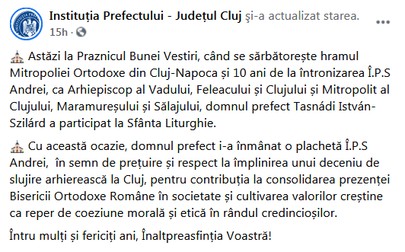 Postarea activă azi pe site-ul Prefecturii nu mai are imaginea cu prefectul și clericii.